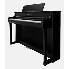 Black Yamaha digital piano with three pedals on a light background, rear view angle.