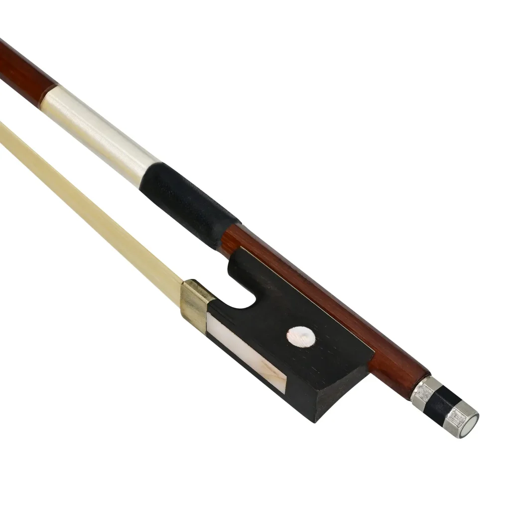 Close-up of a violin bow focusing on the frog area, showing ebony wood, metal ferrule, and pale horsehair