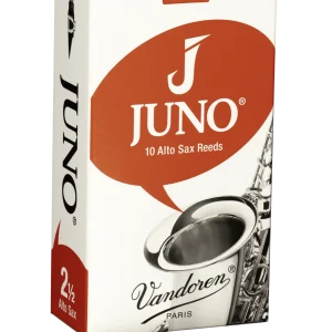 Box of Vandoren Juno alto sax reeds, size 2.5 (10 reeds) with an orange circular logo and branding visible on white packaging.