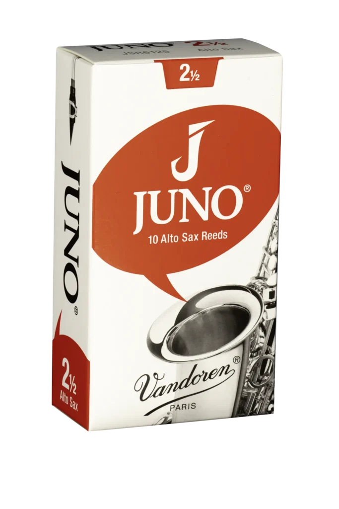 Box of Vandoren Juno alto sax reeds, size 2.5 (10 reeds) with an orange circular logo and branding visible on white packaging.