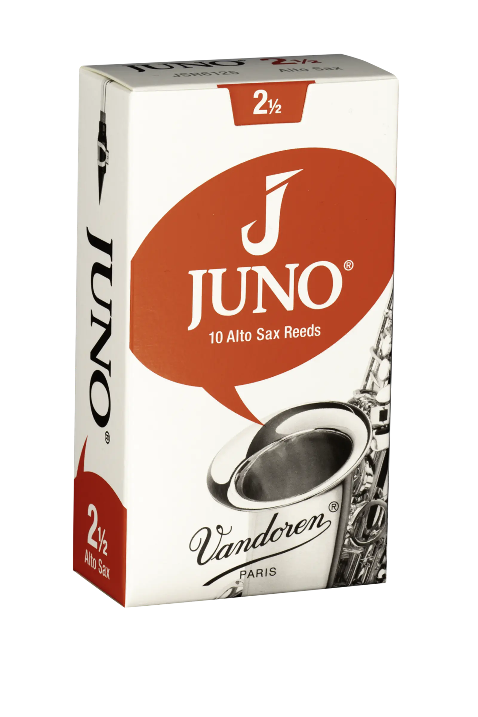 Box of Vandoren Juno alto sax reeds, size 2.5 (10 reeds) with an orange circular logo and branding visible on white packaging.