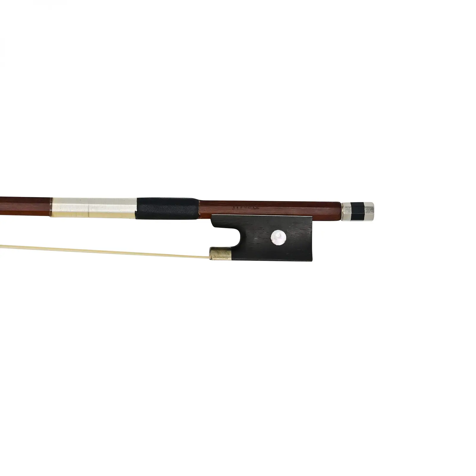 Close-up of a violin bow showing the brown shaft, black frog with a white dot, and horsehair against a white background.