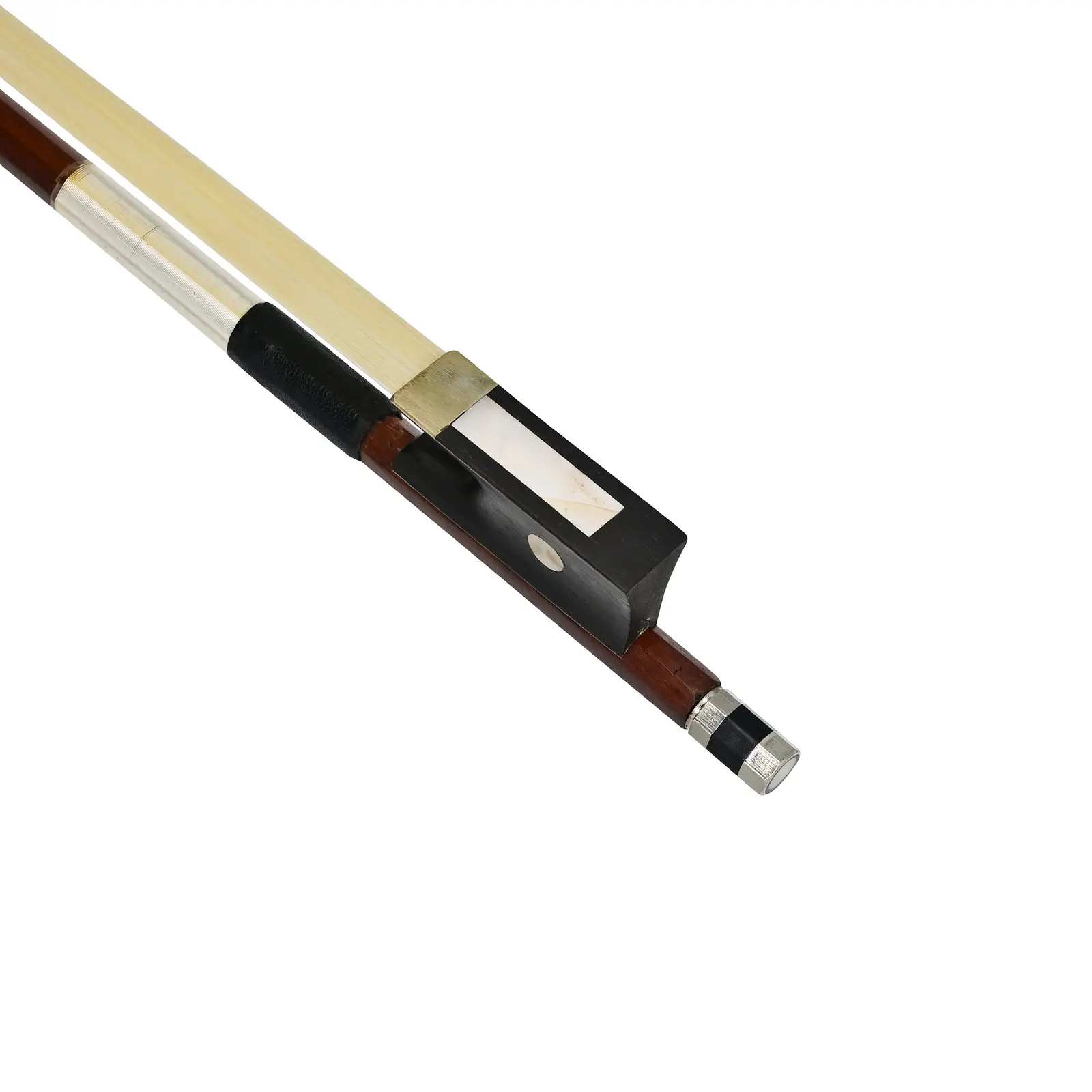 Close-up of a violin bow's lower portion showing the ebony frog, silver hardware, and tension screw.