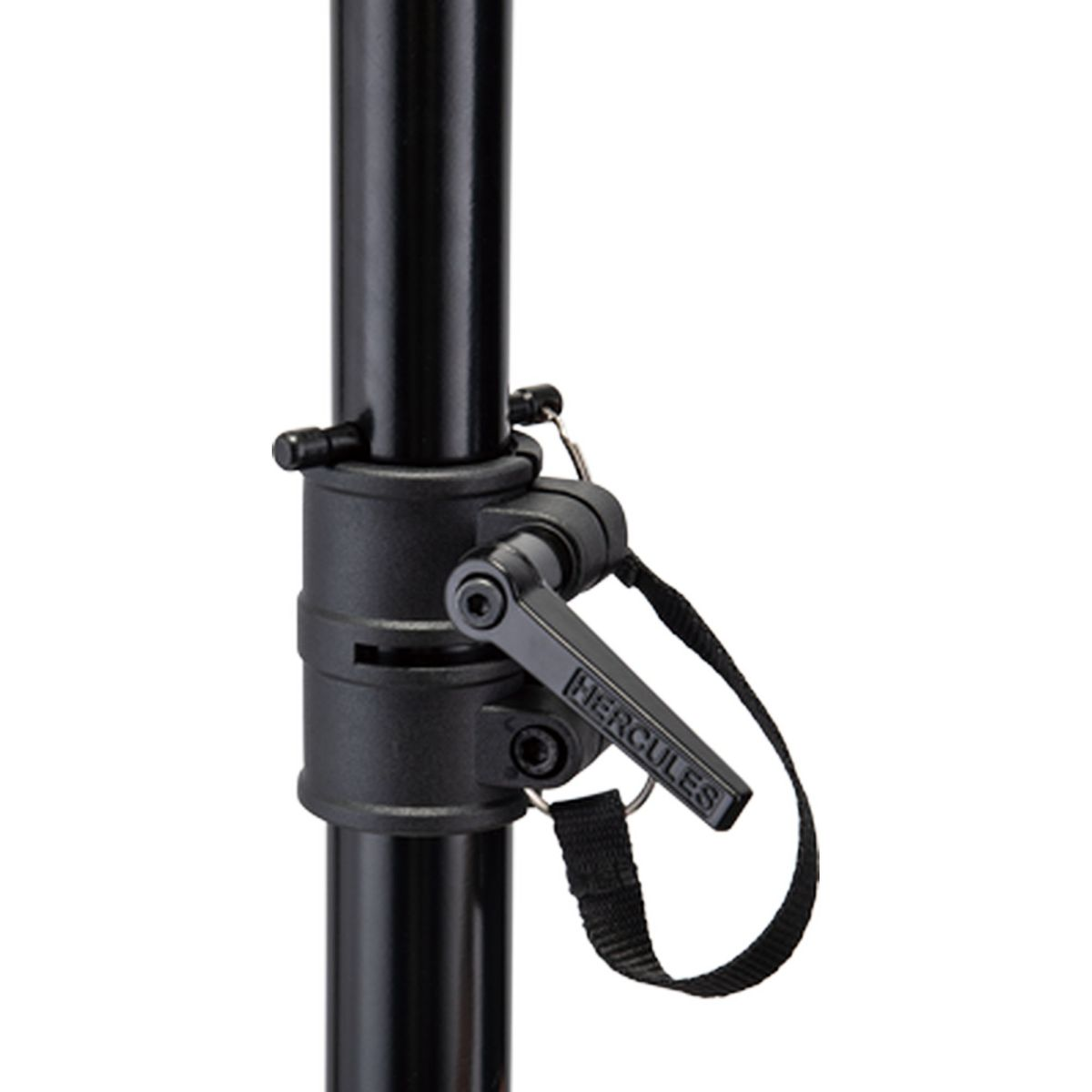 Accessory clamp attached to a vertical black tube, featuring a tightening lever and woven strap (Hercules).