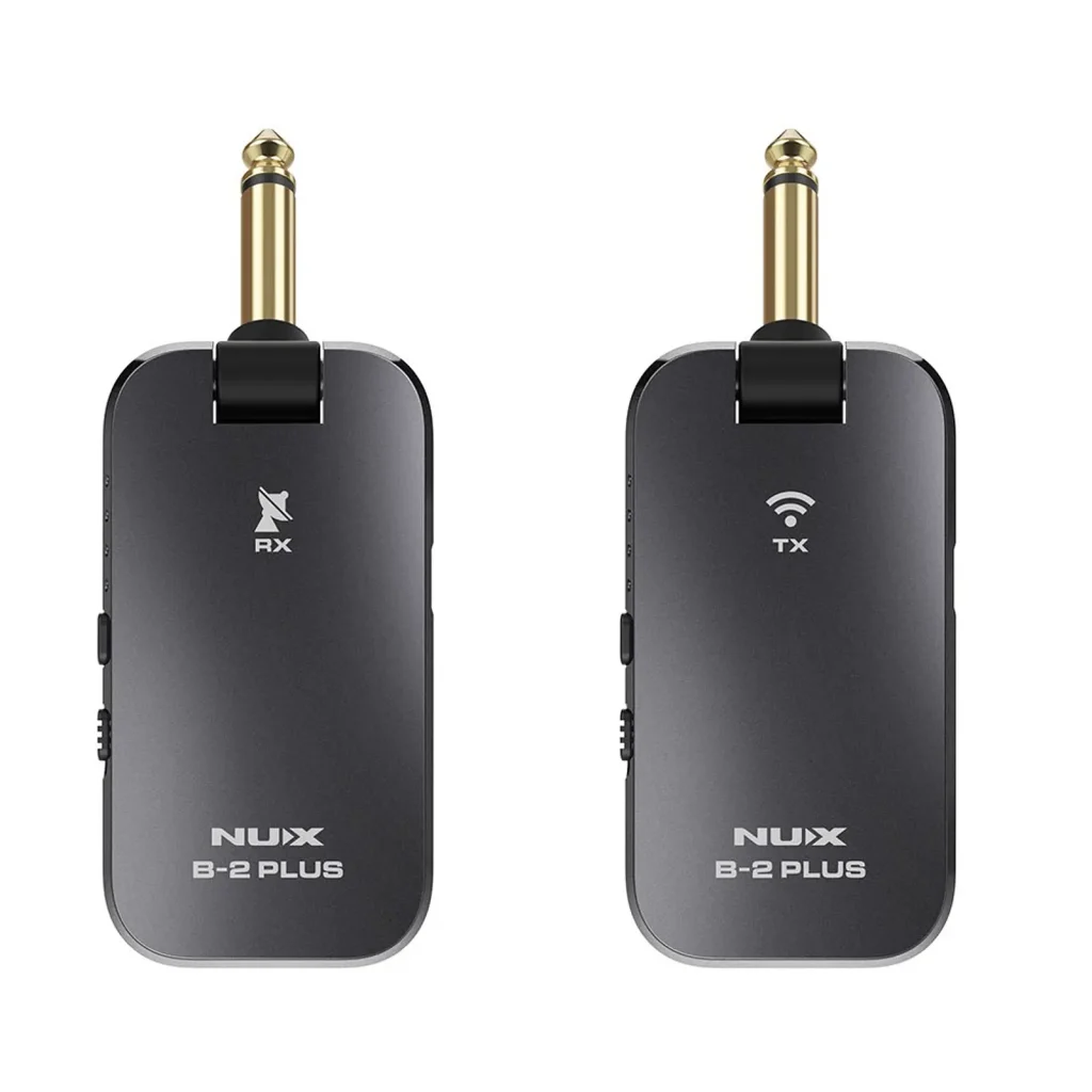 Pair of NUX B-2 Plus wireless receivers with gold 1/4" connectors, labeled RX (left) and TX (right).